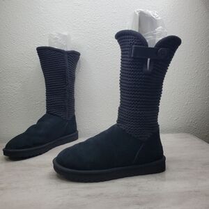 UGG Cable Knit Winter Boots Sz 10 Black  Nubuck Leather Outdoor Snow Booties
